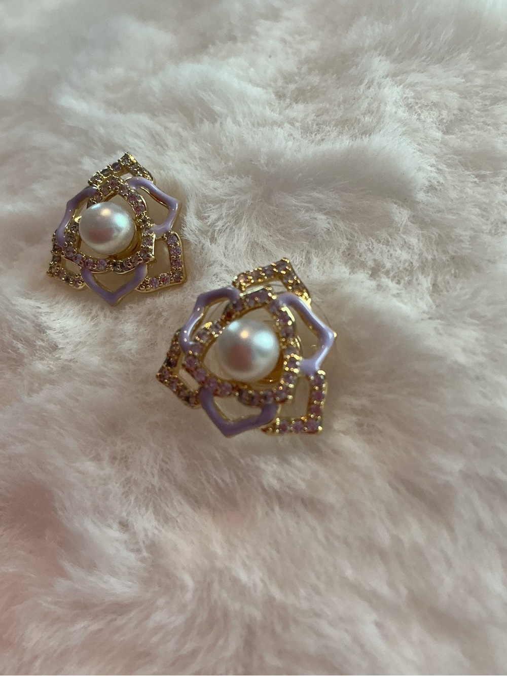 Gold and Lavender Pearl Floral Stud Earrings